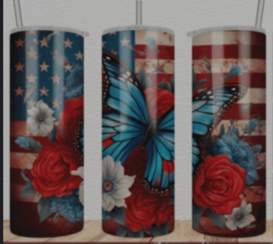 US flag with blue butterfly