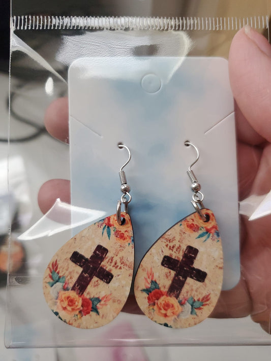 cross with flowers teardrop earrings